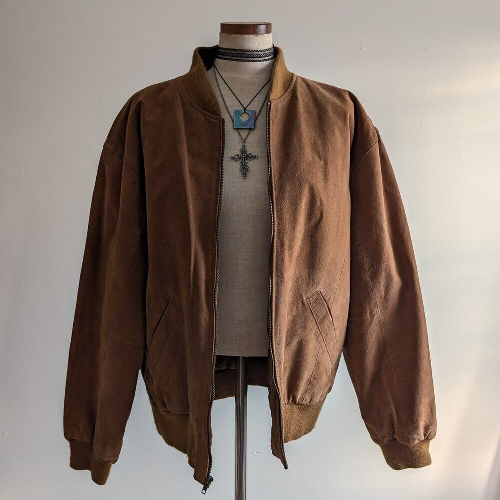Vintage 90s Brown Suede Bomber Jacket L Slouchy Oversized Quilted Leather Coat